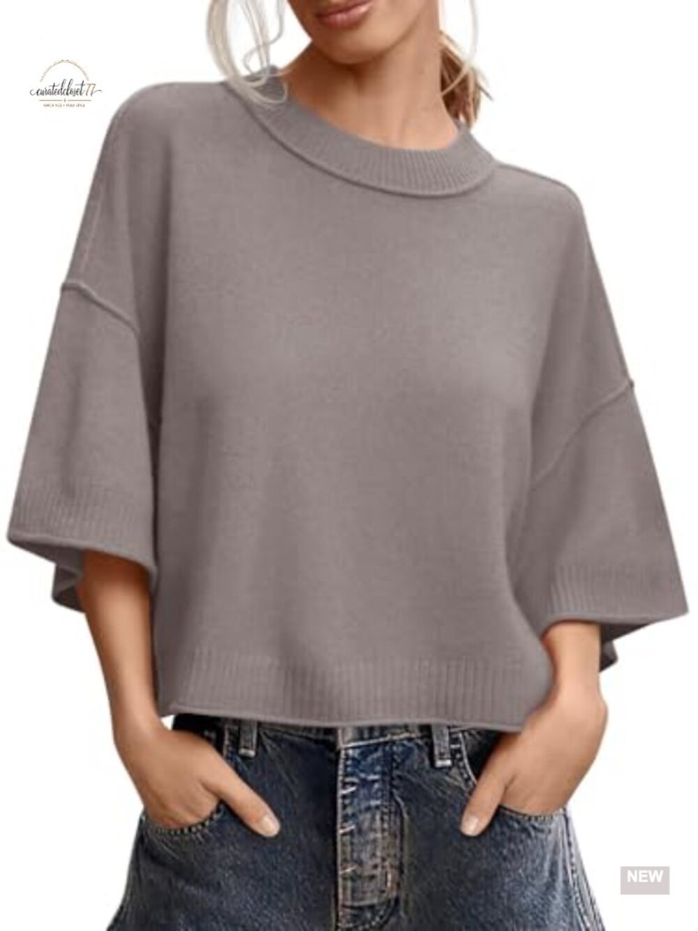 Women's Cropped Sweater Short Sleeve Oversized Loose Fit Knit Pullover Top